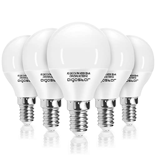LED Lampe E14 9W (Ersetzt 62W Birne), Natürliches Weiß 4000K, Glühbirne E14 840 Lumen, CRI＞80, Leuchtmittel E14 G45, 5er-Pack von Aigostar