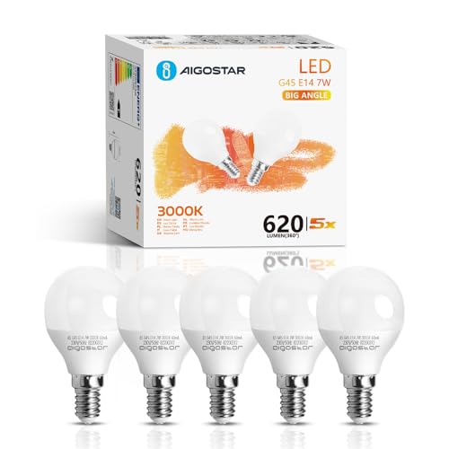 Aigostar Led E14 Warmweiß 7W Leuchtmittel Lampe Glühbirnen 3000K 620 Lumen Abstrahlwinkel 180 Grad Energiesparend, Multipack mit 5 Lampen von Aigostar