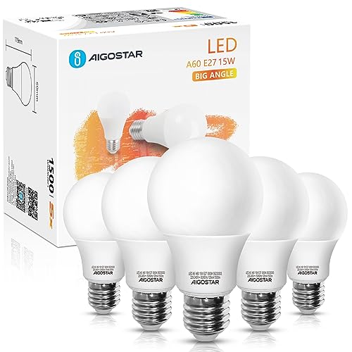 Led E27 Warmweiß 15W Leuchtmittel Birne Lampe 3000K 1500 Lumen Abstrahlwinkel 280 Grad A60 Glühbirnen Tropfen 5 Stücke Energiesparend von Aigostar