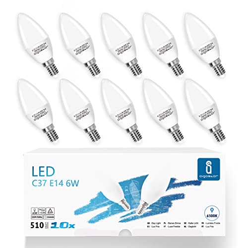 LED E14 Lampe 6W Glühbirne, Kerzenform, 510 Lumen, 6500K Kaltweiß, Lampe C37 Leuchtmittel E14 LED Birne, 220 Grad Abstrahlwinkel, Nicht Dimmbar - 10 Stück von Aigostar