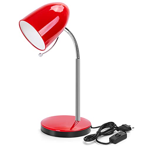 Aigostar Schreibtischlampe Kinder Retro， Ohne Glühbirne， Passend für E27 Modell LED Glühbirne (Max 11 W)，Flexibler Metallarm， 1.5 m Kabel mit Schalter，Nachttischlampe，Tischlampe， Leselampe，Rot von Aigostar