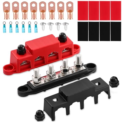250A 12V Sammelschiene 4 x M10 (5/16") Klemmenbolzen DC- Sammelschienen Verteilerblock mit Abdeckung， Negativ & positiv Hochleistungsmodul BusBar Box für Auto、Boot、Solarsystem (M10-Bausatz) von Aigreat