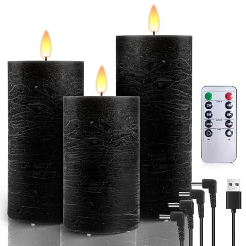 AiiBowy LED Kerzen Aufladbar USB Echtwachs [3er-Set] mit timerfunktion, LED Kerzen Flackernde Flamme,LED Kerzen Adventskranz, LED Stumpenkerzen Outdoor für Halloween Weihnachten Dekoration Schwarz von AiiBowy
