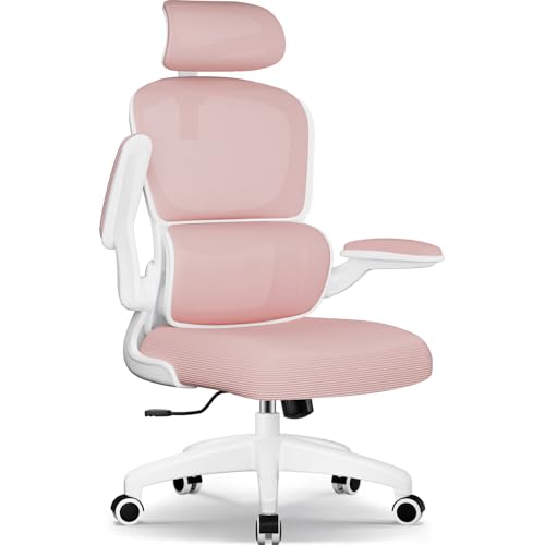 Aiidoits Bürostuhl, Ergonomischer Bürostuhl mit Verstellbarer Kopfstütze, Klappbaren Armlehnen und Lendenwirbelstütze, Bürostuhl 150 kg, Bürostuhl Ergonomisch Wippfunktion bis 135°, Rosa von Aiidoits