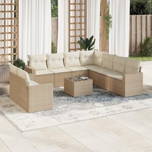 Aiious 10-TLG Garten-Sofagarnitur Beige Poly Rattan mit Kissen Staufach und Glas-Tischplatte von Aiious