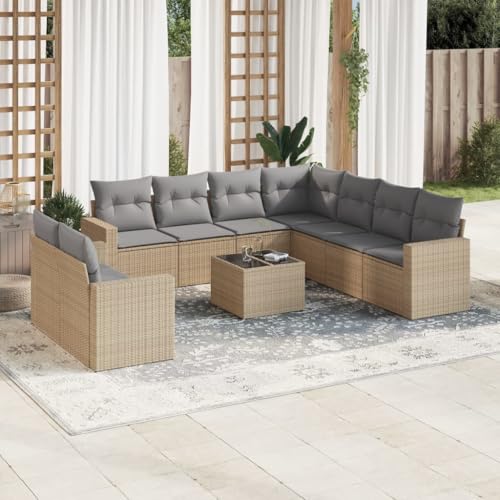 Aiious 10-TLG Garten-Sofagarnitur Beige Poly Rattan mit Kissen Stauplatz Glas-Tischplatte Modular Aiious 10-TLG Garten-Sofagarnitur Beige Poly Rattan mit Kissen Stauplatz Glas-Tischplatte Modular von Aiious