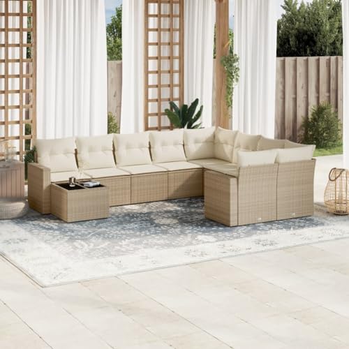 Aiious 10-TLG Garten-Sofagarnitur Beige Poly Rattan mit Kissen Staufach und Glas-Tischplatte f¨¹r Garten Terrasse Innenhof Aiious 10-TLG Garten-Sofagarnitur Beige Poly Rattan mit Kissen Staufach und Glas-Tischplatte f¨¹r Garten Terrasse Innenhof von Aiious