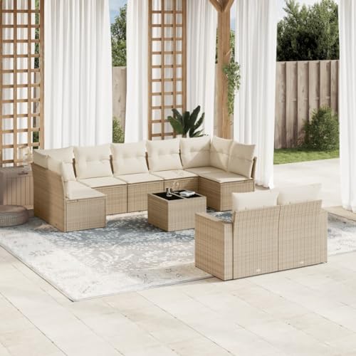 Aiious 10-TLG Garten-Sofagarnitur mit Kissen Beige Poly Rattan - Langlebiges PE-Rattan, Stauraum und Glas-Tischplatte von Aiious