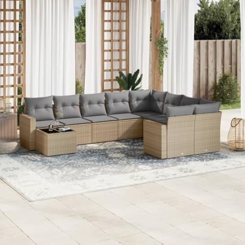 Aiious 10-TLG Garten-Sofagarnitur Beige Poly Rattan mit Kissen Staufach und Glas-Tischplatte f¨¹r Garten Terrasse und Innenhof Aiious 10-TLG Garten-Sofagarnitur Beige Poly Rattan mit Kissen Staufach und Glas-Tischplatte f¨¹r Garten Terrasse und Innenhof von Aiious