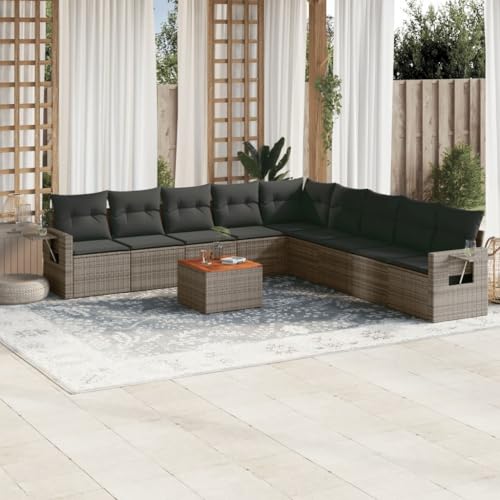Aiious 10-TLG Garten-Sofagarnitur Grau Poly Rattan mit Kissen Beistelltisch und Waschbaren Bezug Modulares Design von Aiious