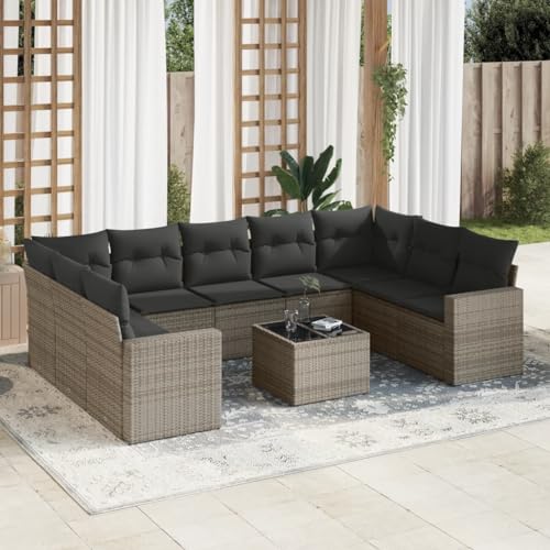 Aiious Garten-Sofagarnitur 10-TLG Grau Poly Rattan mit Kissen Staufach und Glas-Tischplatte Aiious Garten-Sofagarnitur 10-TLG Grau Poly Rattan mit Kissen Staufach und Glas-Tischplatte von Aiious