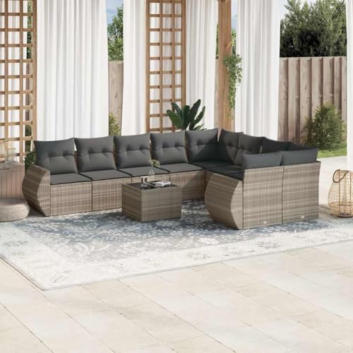 Aiious 10-TLG Garten-Sofagarnitur mit Kissen Hellgrau Poly Rattan - Langlebiges PE-Rattan, Glas-Tischplatte, Bequeme Sitzkissen von Aiious