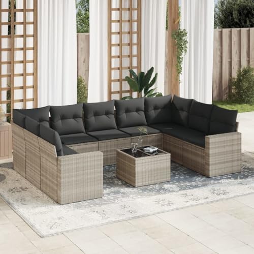 Aiious 10-TLG Garten-Sofagarnitur Hellgrau Poly Rattan mit Sitzkissen, Stauplatz und Glas-Tischplatte f¨¹r Garten Terrasse Innenhof von Aiious