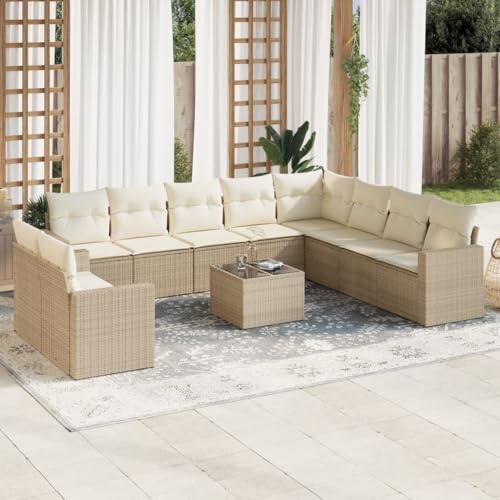 Aiious 11-TLG Garten-Sofagarnitur Beige Poly Rattan - Langlebig, Mit Stauraum Und Glas-Tischplatte Aiious 11-TLG Garten-Sofagarnitur Beige Poly Rattan - Langlebig, Mit Stauraum Und Glas-Tischplatte von Aiious