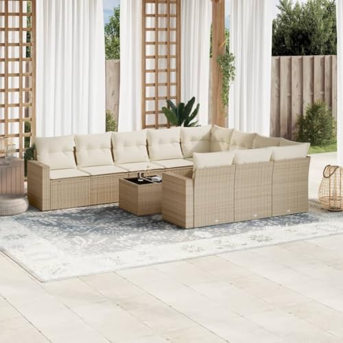 Aiious 11-TLG Garten-Sofagarnitur Beige Poly Rattan mit Kissen Stauflaeche und Glas-Tischplatte Fuer Garten Terrasse von Aiious