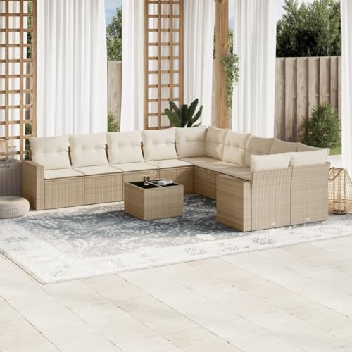 Aiious 11-TLG Garten Sofagarnitur Beige Poly Rattan mit Kissen Stauplatz und Glas Tischplatte f¨¹r Garten Terrasse Innenhof Aiious 11-TLG Garten Sofagarnitur Beige Poly Rattan mit Kissen Stauplatz und Glas Tischplatte f¨¹r Garten Terrasse Innenhof von Aiious