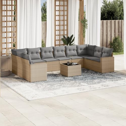 Aiious 11-TLG Garten-Sofagarnitur in Beige mit Poly Rattan, Kissen, Stauraum und Glas-Tischplatte von Aiious