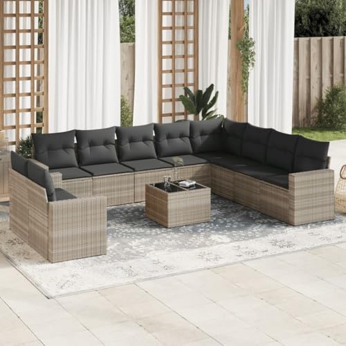 Aiious 11-TLG. Garten-Sofagarnitur mit Kissen Hellgrau Poly Rattan von Aiious