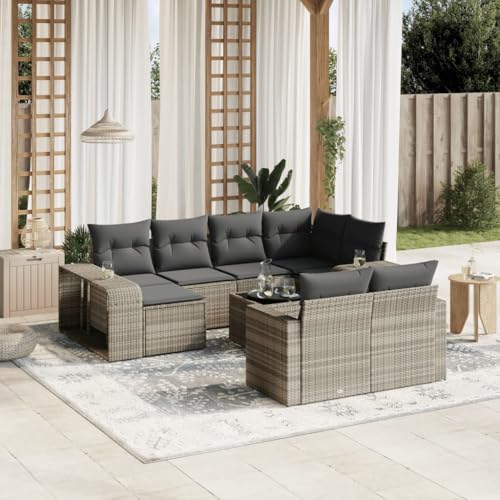 Aiious Garten-Sofagarnitur 11-TLG Hellgrau Poly Rattan mit Kissen Staufach Glas-Tischplatte f¨¹r Garten Terrasse Innenhof von Aiious