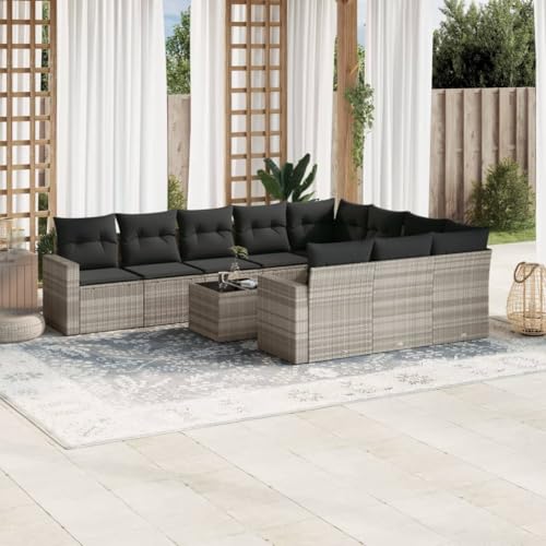 Aiious 11-TLG Garten-Sofagarnitur Hellgrau mit Kissen Poly Rattan, Modulares Design, Stauraum und Glas-Tischplatte Aiious 11-TLG Garten-Sofagarnitur Hellgrau mit Kissen Poly Rattan, Modulares Design, Stauraum und Glas-Tischplatte von Aiious