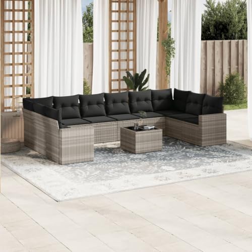 Aiious 11-TLG Garten-Sofagarnitur mit Kissen Hellgrau Poly Rattan - Langlebiges PE-Rattan, Stauraum, Glas-Tischplatte Aiious 11-TLG Garten-Sofagarnitur mit Kissen Hellgrau Poly Rattan - Langlebiges PE-Rattan, Stauraum, Glas-Tischplatte von Aiious