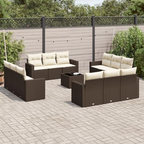 Aiious Garten-Sofagarnitur 13-TLG Braun Poly Rattan mit Kissen Stauplatz Glas-Tischplatte Modulares Design von Aiious