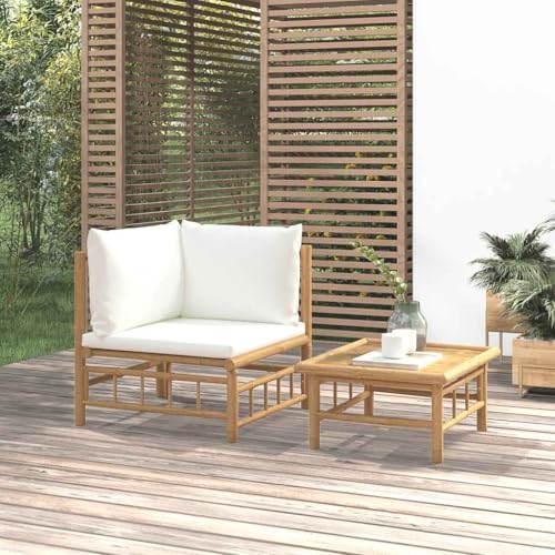 Aiious 2-TLG Garten-Lounge-Set aus Bambus mit Cremeweissen Kissen - Langlebig und Bequem f¨¹r Outdoor-Nutzung von Aiious