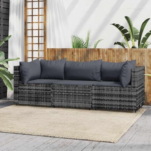 Aiious 3-TLG. Garten-Lounge-Set mit Kissen Grau Poly Rattan von Aiious