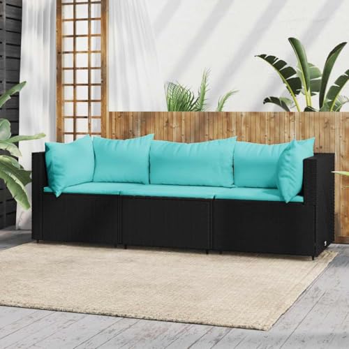 Aiious 3-TLG. Garten-Lounge-Set mit Kissen Schwarz Poly Rattan von Aiious