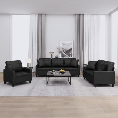 Aiious 3-TLG. Schwarz Kunstleder Sofagarnitur mit Kissen - Ideal zum Entspannen und Fernsehen von Aiious