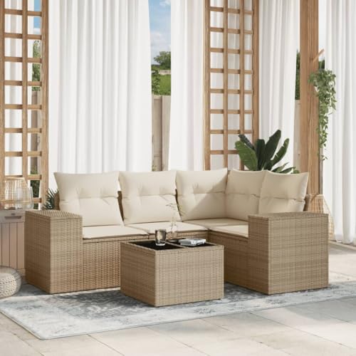 Aiious 5-TLG Garten-Sofagarnitur in Beige mit Poly Rattan, Kissen, Glas-Tischplatte f¨¹r Garten Terrasse Innenhof Aiious 5-TLG Garten-Sofagarnitur in Beige mit Poly Rattan, Kissen, Glas-Tischplatte f¨¹r Garten Terrasse Innenhof von Aiious