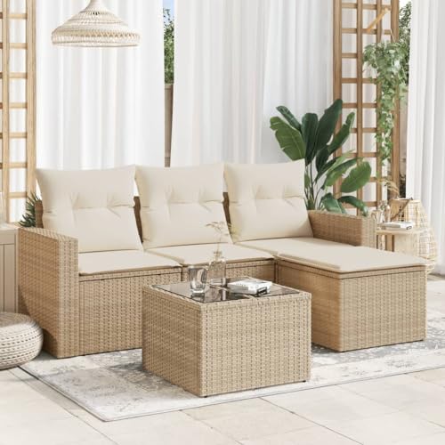 Aiious 5-TLG Garten-Sofagarnitur in Beige Poly Rattan mit Kissen, Staufach, Glas-Tischplatte f¨¹r Garten Terrasse und Innenhof Aiious 5-TLG Garten-Sofagarnitur in Beige Poly Rattan mit Kissen, Staufach, Glas-Tischplatte f¨¹r Garten Terrasse und Innenhof von Aiious
