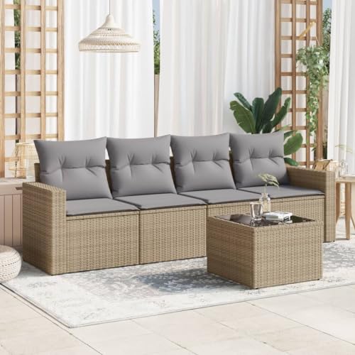 Aiious Garten-Sofagarnitur 5-TLG. Beige Poly Rattan mit Kissen Stauplatz und Glas-Tischplatte f¨¹r Garten Terrasse Innenhof von Aiious