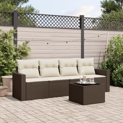 Aiious 5-TLG Garten-Sofagarnitur Braun Poly Rattan mit Kissen, Stauraum und Glas-Tischplatte von Aiious