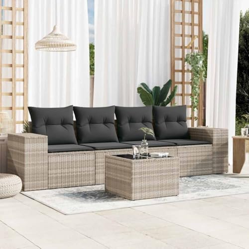 Aiious 5-TLG Garten-Sofagarnitur mit Kissen Hellgrau Poly Rattan - Langlebiges PE-Rattan, Glas-Tischplatte, Bequemes Sitzgefuehl Aiious 5-TLG Garten-Sofagarnitur mit Kissen Hellgrau Poly Rattan - Langlebiges PE-Rattan, Glas-Tischplatte, Bequemes Sitzgefuehl von Aiious
