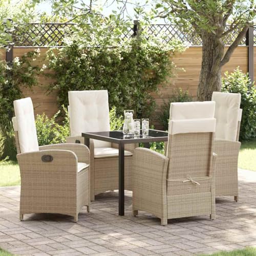 Aiious 5-teiliges Garten-Set Beige Poly-Rattan mit Kissen, UV-bestaendig, bis 110 kg pro Stuhl von Aiious