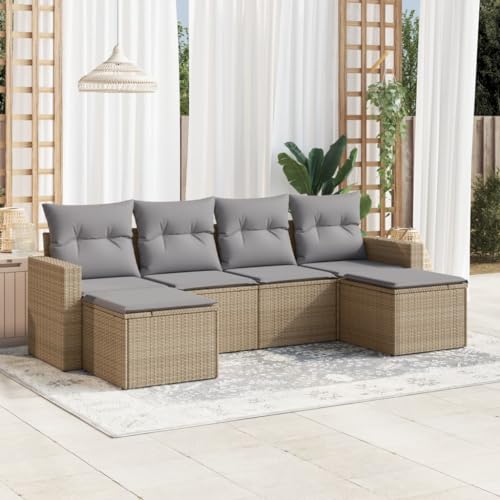 Aiious 6-TLG Garten-Sofagarnitur in Beige Poly Rattan mit Kissen, Stauraeumen und Modularem Design von Aiious