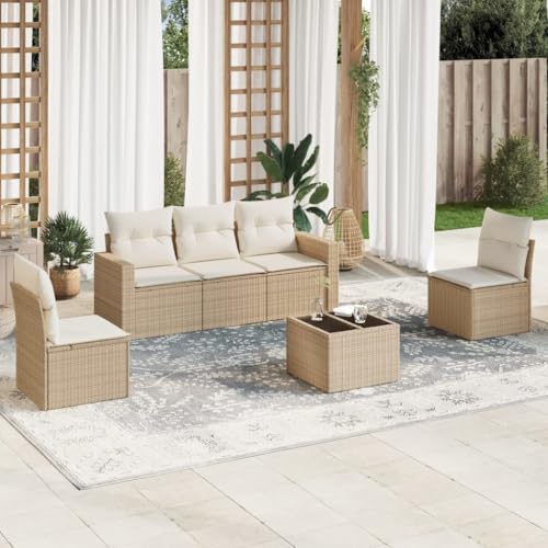 Aiious 6-TLG Garten-Sofagarnitur Beige Poly Rattan mit Kissen Stauraum und Glas-Tischplatte Aiious 6-TLG Garten-Sofagarnitur Beige Poly Rattan mit Kissen Stauraum und Glas-Tischplatte von Aiious