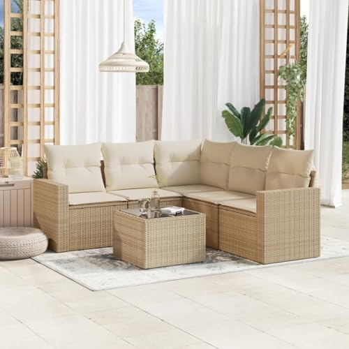 Aiious 6-TLG Garten-Sofagarnitur Beige Poly Rattan mit Kissen Stauplatz und Glas-Tischplatte f¨¹r Garten Terrasse Innenhof von Aiious