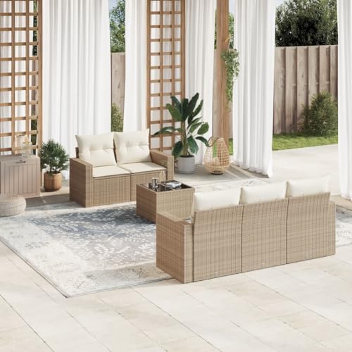 Aiious 6-TLG Garten-Sofagarnitur Beige Poly Rattan mit Kissen, Stauraum, Glas-Tischplatte und modularer Design f¨¹r Garten Terrasse Innenhof Aiious 6-TLG Garten-Sofagarnitur Beige Poly Rattan mit Kissen, Stauraum, Glas-Tischplatte und modularer Design f¨¹r Garten Terrasse Innenhof von Aiious