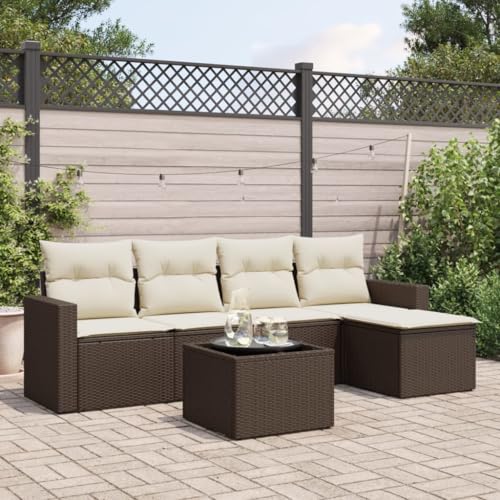 Aiious 6-TLG Garten-Sofagarnitur Braun Poly Rattan mit Kissen, Stauraum und Glas-Tischplatte von Aiious