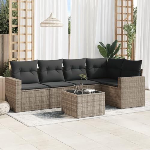 Aiious Garten-Sofagarnitur 6-TLG Grau Poly Rattan mit Kissen, Staufach, Glas-Tischplatte und modularer Design f¨¹r Garten Terrasse Innenhof von Aiious