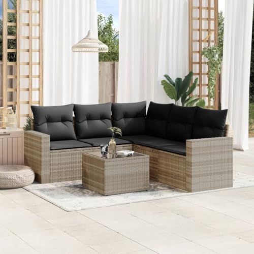 Aiious Garten-Sofagarnitur 6-TLG. Hellgrau Poly Rattan mit Kissen, Staufach und Glas-Tischplatte f¨¹r Garten Terrasse Innenhof von Aiious