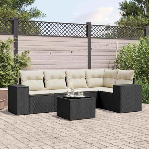 Aiious 6-TLG Garten-Sofagarnitur Schwarz Poly Rattan mit bequemen Kissen und Glas-Tischplatte f¨¹r Garten Terrasse Innenhof von Aiious