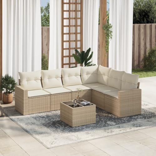 Aiious 7-TLG Garten-Sofagarnitur Beige Poly Rattan mit Kissen Stauraum und Glas-Tischplatte von Aiious