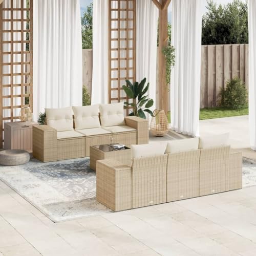 Aiious 7-TLG Garten-Sofagarnitur Beige Poly Rattan mit Kissen, PE-Rattan Material, Glas Tischplatte, Komfortabel und Modular von Aiious