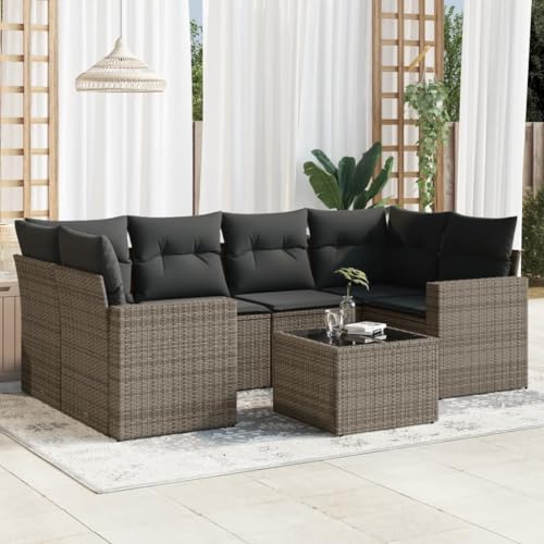 Aiious 7-TLG Garten-Sofagarnitur Grau Poly Rattan mit Kissen Staufach Glas-Tischplatte Modular Aiious 7-TLG Garten-Sofagarnitur Grau Poly Rattan mit Kissen Staufach Glas-Tischplatte Modular von Aiious