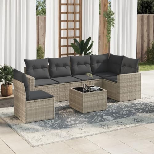 Aiious 7-TLG Garten-Sofagarnitur in Hellgrau mit Poly Rattan Kissen, Stauraum und Glas Tischplatte von Aiious
