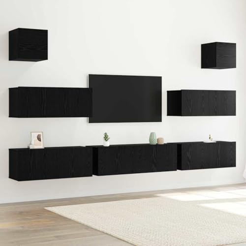 Aiious 7-teiliges TV-Schrank-Set Schwarz Eiche, Wandmontiert, Stauraum, Modernes Design f¨¹r Wohnzimmer oder Heimkino, Ordnung und ?sthetik von Aiious