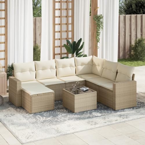 Aiious 8-TLG Garten-Sofagarnitur Beige Poly Rattan mit Kissen Staufach und Glas-Tischplatte f¨¹r Garten Terrasse Innenhof von Aiious